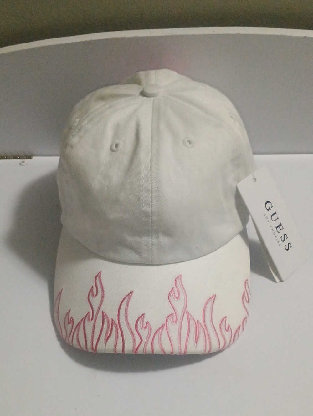Guess White Cap with Pink Flame Stitching
